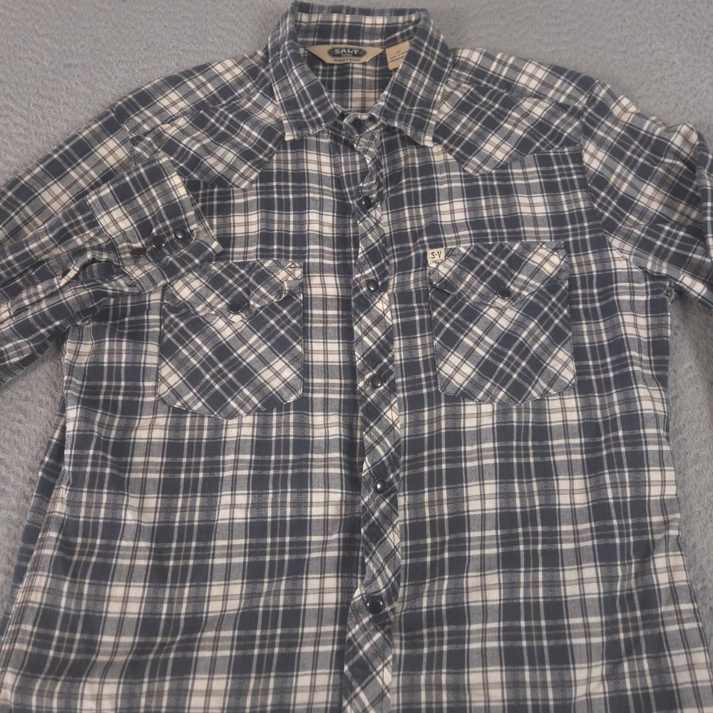Salt Valley Shirt Mens M Black White Plaid Cotton Pearl Snap Western Pocket Yoke